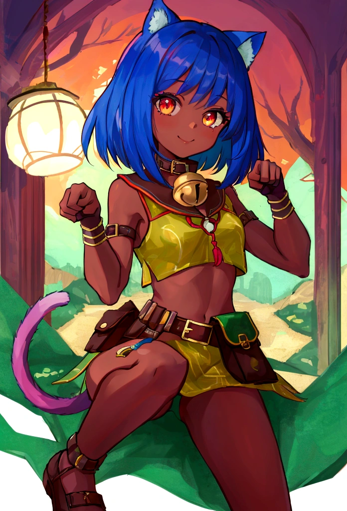 (masterpiece, best quality:1.2), solo, 1girl, sgmsfortune, dark skin, dark-skinned female, smile, looking at viewer, paw pose, bob cut, crop top, fingerless gloves, collar, bell, belt, pouch, cat tail