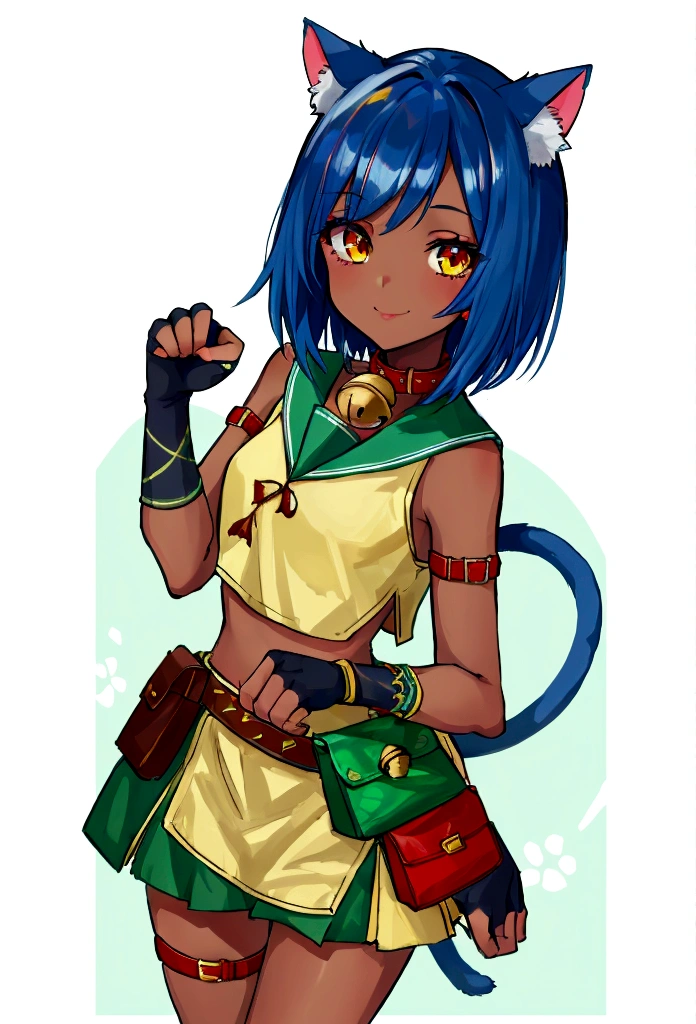 (masterpiece, best quality:1.2), solo, 1girl, sgmsfortune, dark skin, dark-skinned female, smile, looking at viewer, paw pose, bob cut, crop top, fingerless gloves, collar, bell, belt, pouch, cat tail 