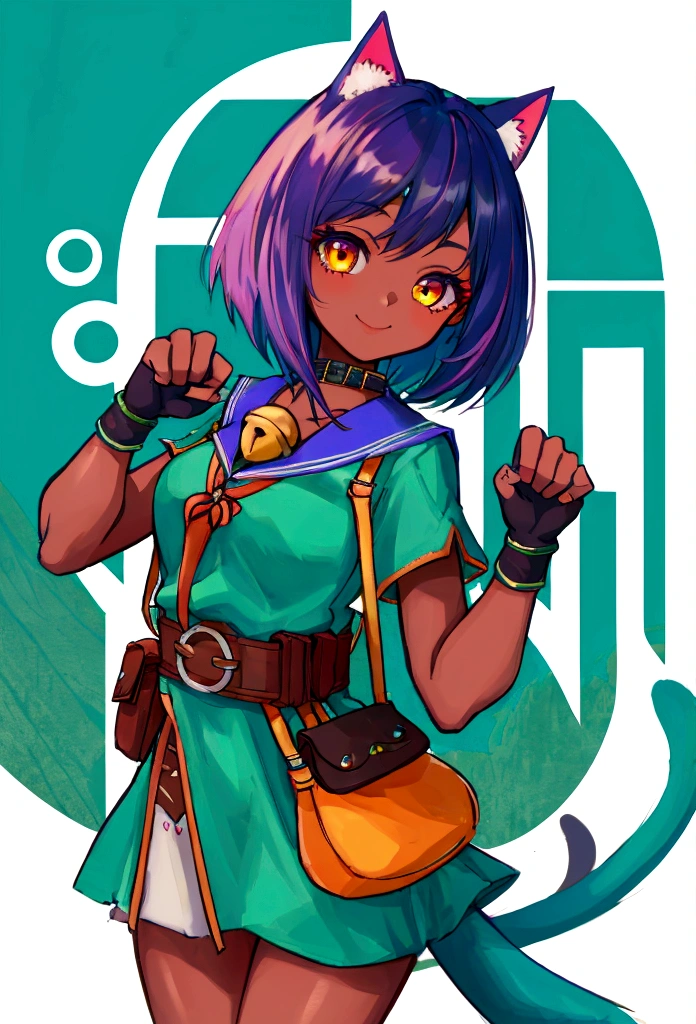 (masterpiece, best quality:1.2), solo, 1girl, sgmsfortune, dark skin, dark-skinned female, smile, looking at viewer, paw pose, bob cut, crop top, fingerless gloves, collar, bell, belt, pouch, cat tail