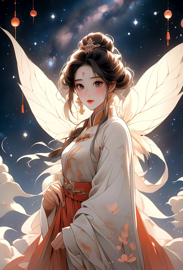 masterpiece, Highest quality: 1.4)， Detailed Background，A beautiful ancient Chinese fairy looks at the camera，streamer，Gauze cloth，Floating in the air，Elevation angle of view，The Milky Way is amazing，The full moon is empty，