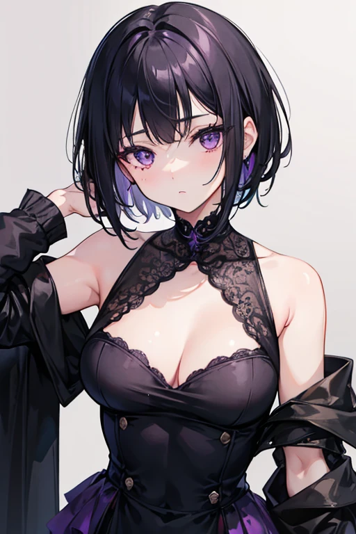 A girl with short black hair, purples eyes, a scar in line on the neck, black gown