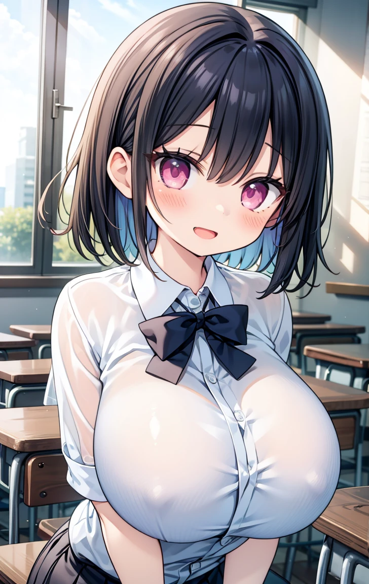 (Pieces fly, Highest quality, High resolution, Ticker, Pixel perfect, Depth of written border, In 4K), 
1 Girl, alone, , Beautiful Anime Girls, 
View your viewers, 
Perfect body,  

short hair, Black Hair, Pink Eyes, 

smile,  Open your mouth, blush, 

JK Huge , White shirt, big , Blue Ribbon, 
classroom, 

throw, Close-up shot, 