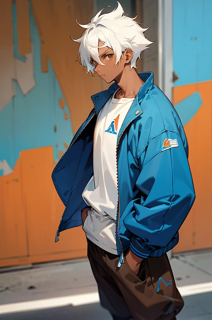 short hair, blue shirt, adult male, brown eyes, morning, Two tone hair, white and white hair color, multicolored hair, street level background, caramel skin tone, blue jordans, dark skin, basketball shorts, standing still, arms in pockets, muscular, looking at camera, angry, blue jacket,