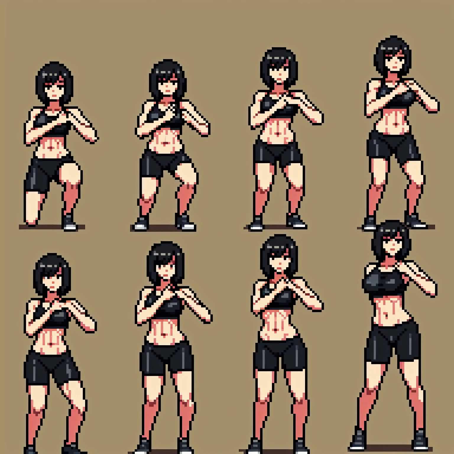 1girl,squatting,legs spread apart, front view, bike shorts, sports bra, sprite sheet, consistency, looking at viewer, lineart, monochrome, muscular abs girl, (thin waist), ((curvy)), ((wide hips)), short black hair, sexy, muscular thighs, full body