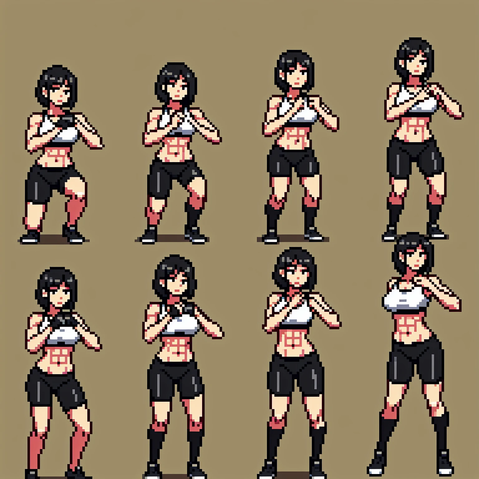1girl,squatting,legs spread apart, front view, bike shorts, sports bra, sprite sheet, consistency, looking at viewer, lineart, monochrome, muscular abs girl, (thin waist), ((curvy)), ((wide hips)), short black hair, sexy, muscular thighs, full body
