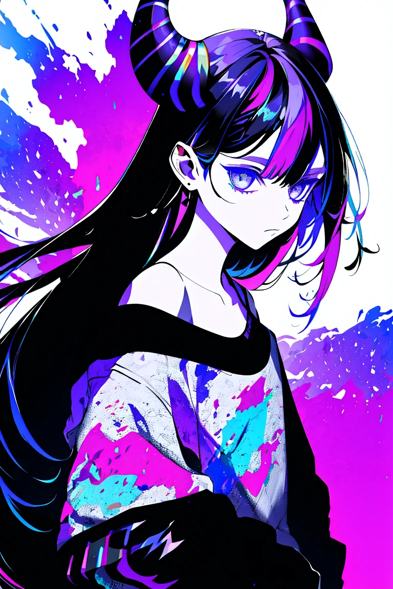 One Girl,Back Shadow Splatter,paint splatter sweatshirt,Off-the-shoulder wear,,Alchemy Research Institute,Mysteries of the Uncharted Territories,Put your hands in your pockets,iris,game scene graph, Rain street background、Purple Hair、Long Hair、Young、Big horns