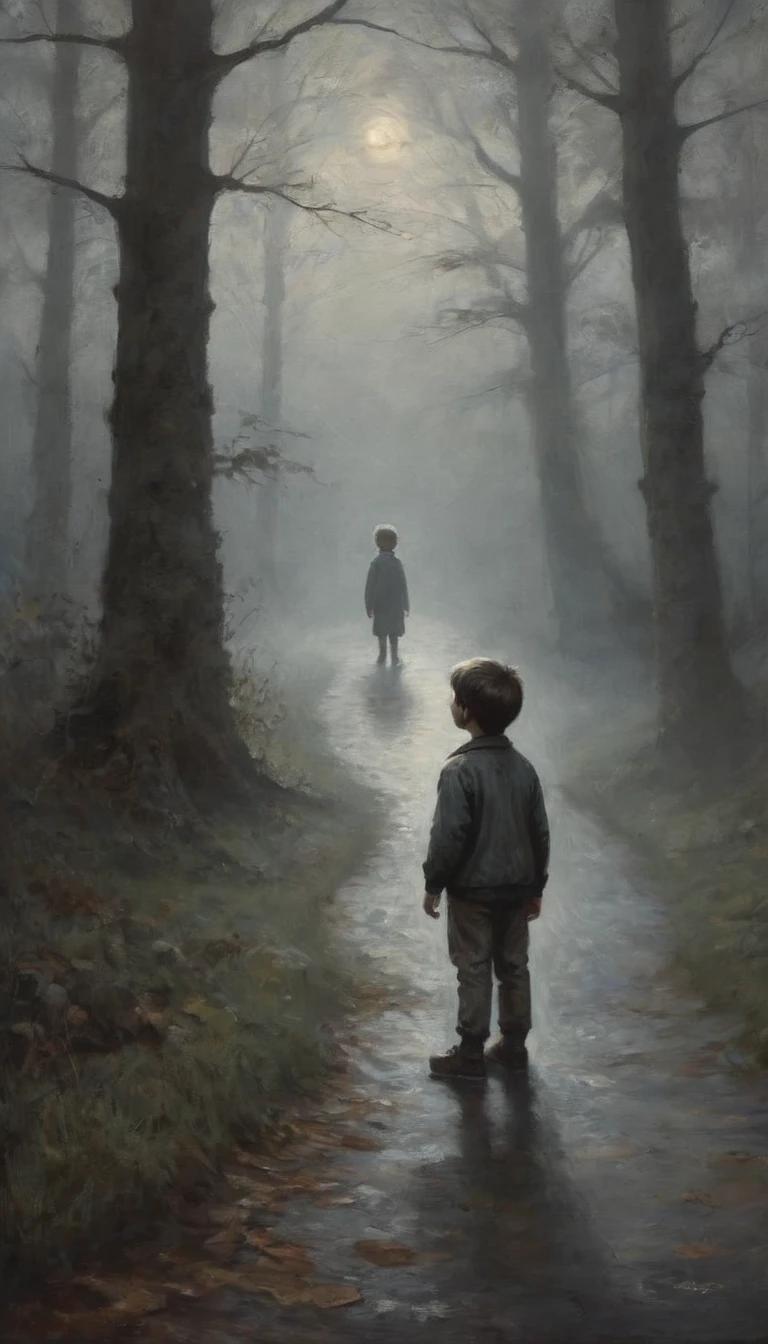 The boy hears a rustling sound behind him and turns around, his face filled with fear as he sees a shadowy figure in the fog.