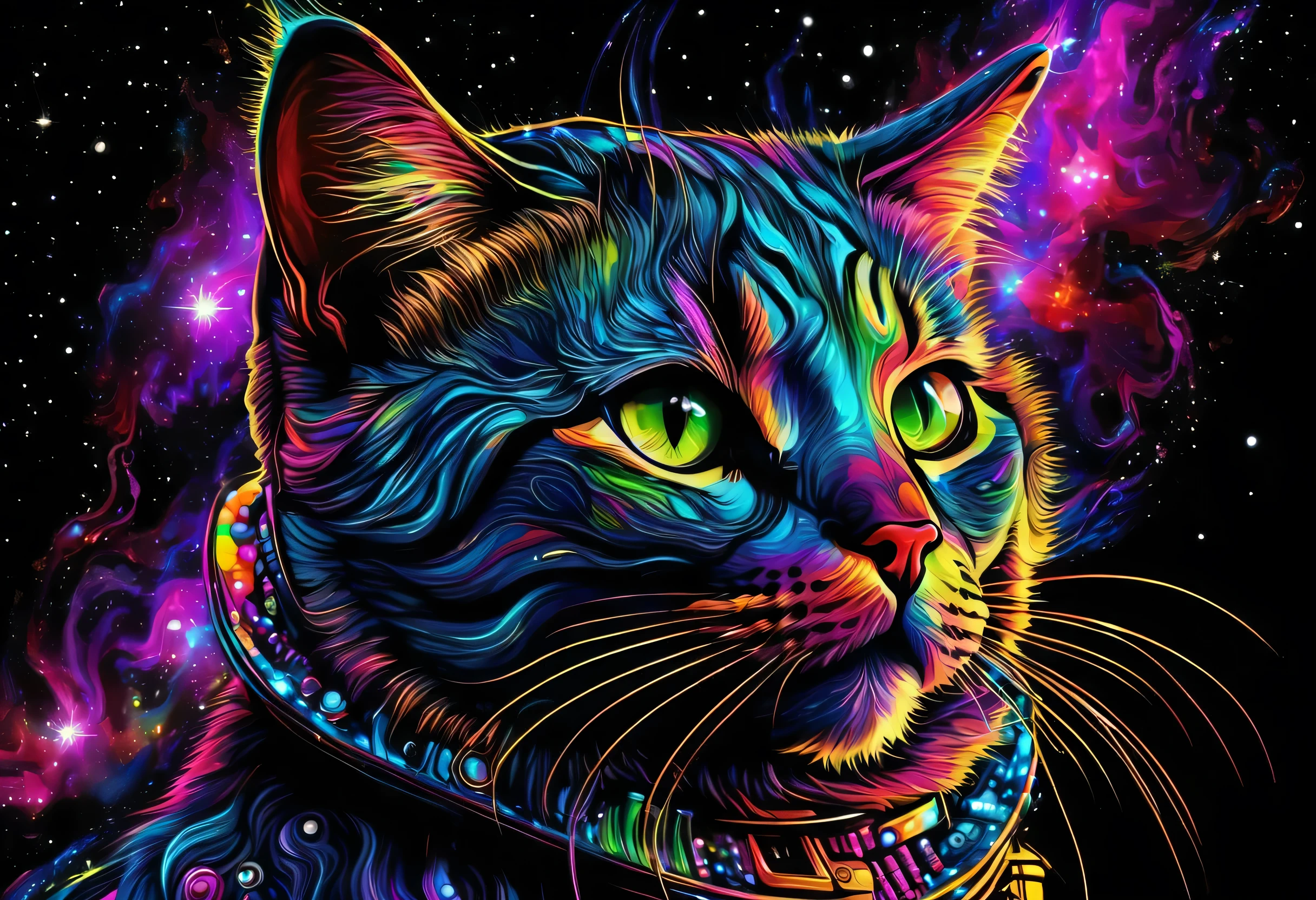 brightly colored Cat painting on black background with colorful collar, Colourful and detailed, beautiful neon Cats, awesome Cat, Wearing a space suit, Mouth open、Surprised expression, a painting of a Cat, Cat design, Starry painting background, Digital Painting Very detailed, Cat. Digital Painting, Very detailed Digital Painting, painting of a Cat, Digital Art highly-detailed, Cosmic colors with attention to detail, Digital Art. Very detailed