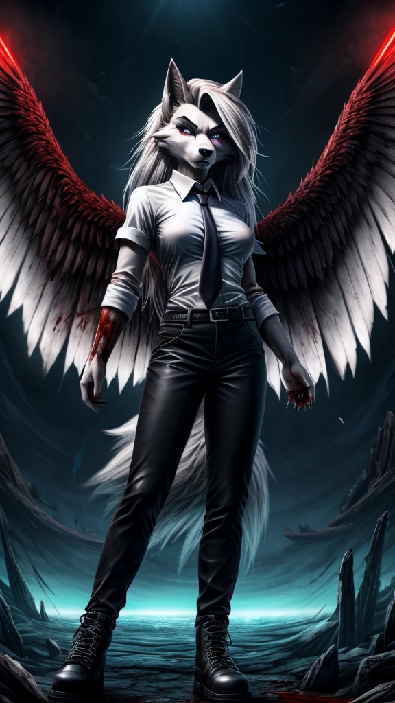 Loona from Helluva Boss, female wolf, anthro, mature adult, white hair, grey eyes, torturer vengeful wrathful angel, white shirt with tie, black pants, black shoes, blood face, bloody clothing, covered in blood, fallen angel wings, bloody halo, standing, cold stare, glowing eyes, standing above a blood ocean, dark, omnious, beautiful, solo, full body, 4K