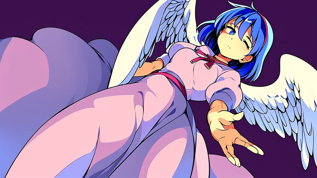 masterpiece, best quality, 1girl, , , 10 years old, medium blue hair, hair flaps, pink ribbon on head, well-formed face, blue eyes, angel girl, white blouse, puffy short sleeves, red ribbon, angel wings, long white skirt, red shoes, frills, ribbon head, from behind, to lift up one’s skirt, cowboy shot, from front, standing , raise one leg, crossed arms, arms up behind, arms behind back, hand between legs, put hands hip, one hand on hip, forward hands, arms raised in the air, punch hands, peace sign, waving, put up index finger, sit, lie down, closed eyes, lie face down, looking back, put one hand chest, leaning forward, cleavage, close up, horizontally outstretched arms, horizontally outstretched legs, front view, front face