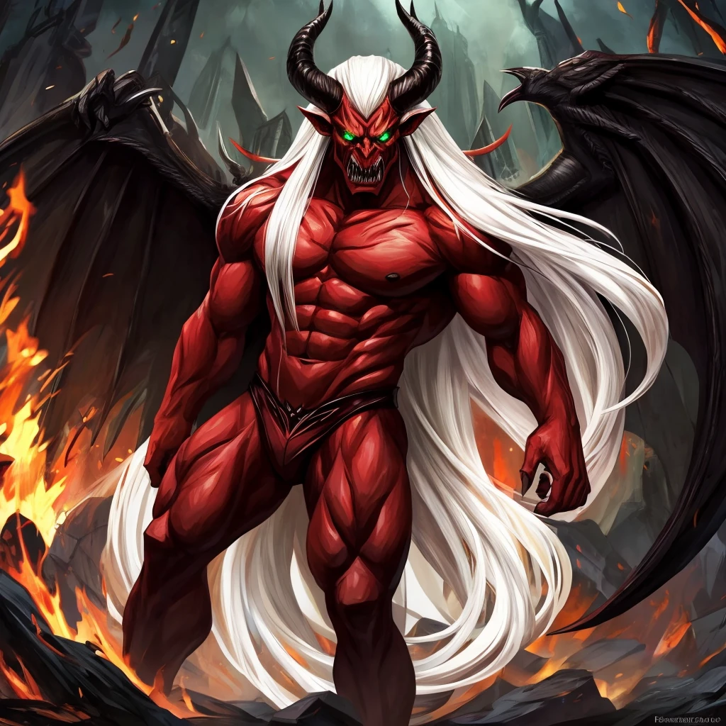 Male character, handsome, dark skin, black wings, wearing a red suit, long white hair, emerald green eyes, his appearance is that of a fire demon, his body is that of a fire demon with giant horns, a bestial body, a hideous, intimidating appearance, a horrible, ugly, hideous demon.