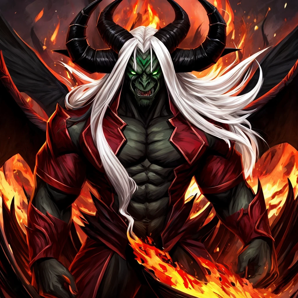Male character, handsome, dark skin, black wings, wearing a red suit, long white hair, emerald green eyes, his appearance is that of a fire demon, his body is that of a fire demon with giant horns, a bestial body, a hideous, intimidating appearance, a horrible, ugly, hideous demon.