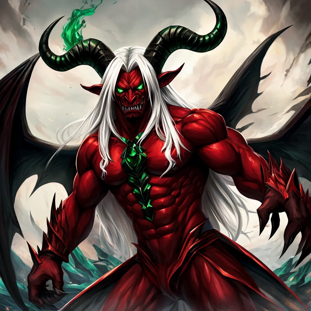 Male character, handsome, dark skin, black wings, wearing a red suit, long white hair, emerald green eyes, his appearance is that of a fire demon, his body is that of a fire demon with giant horns, a bestial body, a hideous, intimidating appearance, a horrible, ugly, hideous demon.