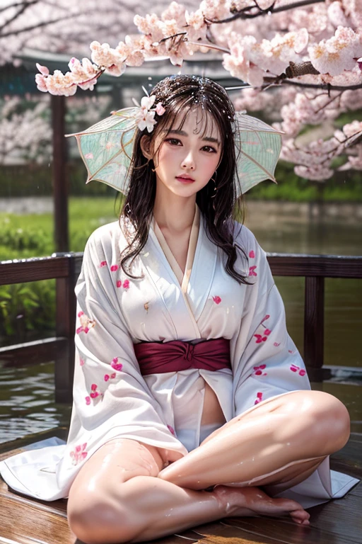 ((Highest quality、masterpiece、8K))、Anatomically correct、Very detailed、High resolution、Realistic、Beautiful white skin、Beautiful, bright, almond-shaped, detailed eyes、Well-formed nose bridge、Intricate details、((Wet kimono with cherry blossom pattern 1.1))、((Wet Hair:1.1))、((Wet Skin:1.1))、((rain:1.2)),((Raise your legs high:1.5))