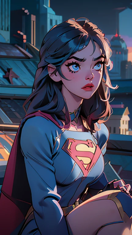 a supergirl sitting on a rooftop building, lost in deep thought, looking at the city, beautiful detailed eyes, beautiful detailed lips, extremely detailed face, long eyelashes, beautiful detailed costume, dynamic pose, cinematic lighting, epic cityscape, moody atmosphere, dramatic shadows, vibrant colors, photorealistic, 8k, best quality, hyper detailed, masterpiece