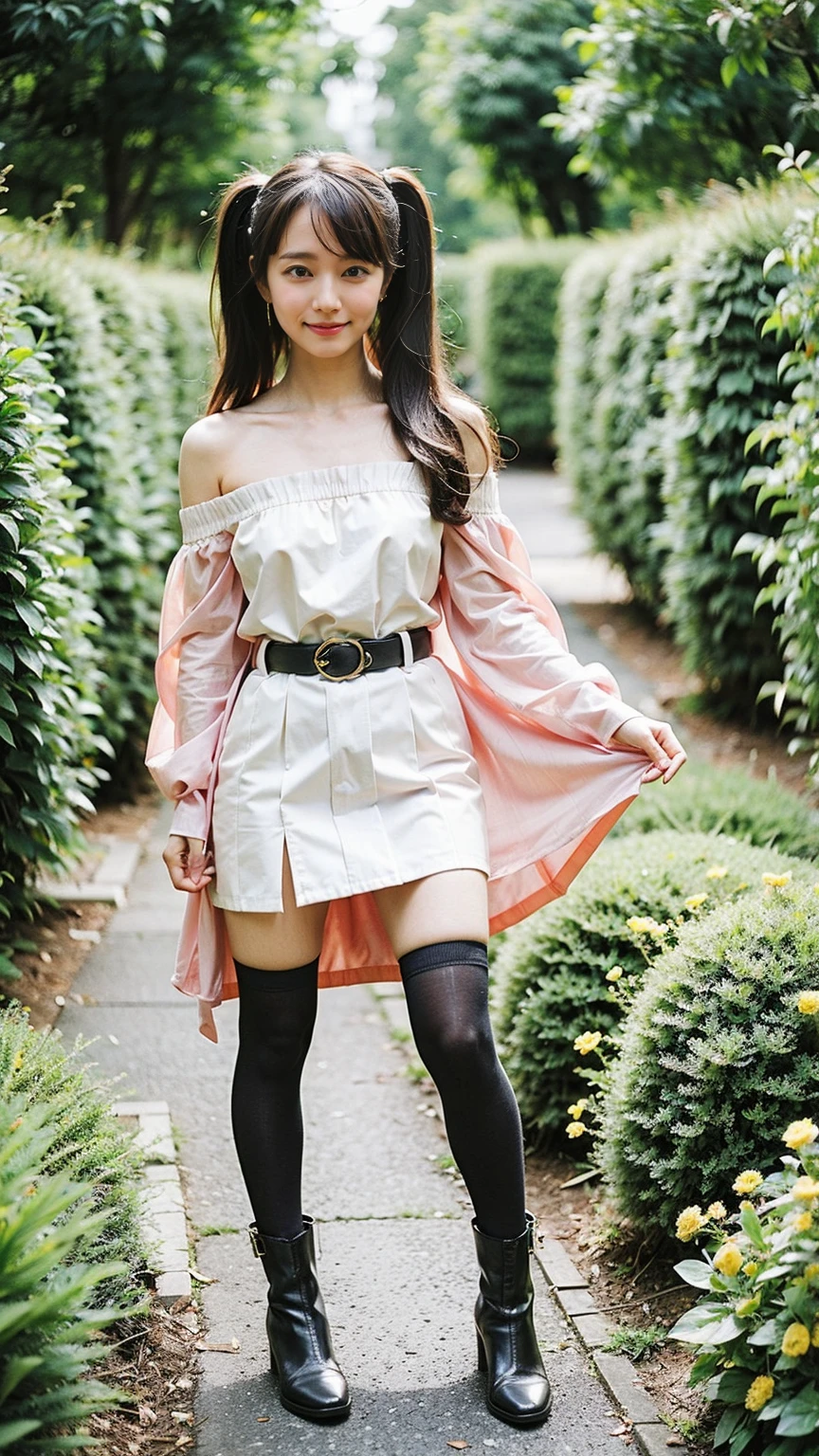 (8K、RAW Photos、Highest quality、masterpiece:1.2)、(Realistic、Realistic)、1 Girl、((Long dress、Off the shoulder、Twin tails、ribbon、See-through、smile、Black and Pink、Thin legs、whole body、boots、tights、garden、View from the front、Looking into the camera、belt、Stand with hands on hips))、cute