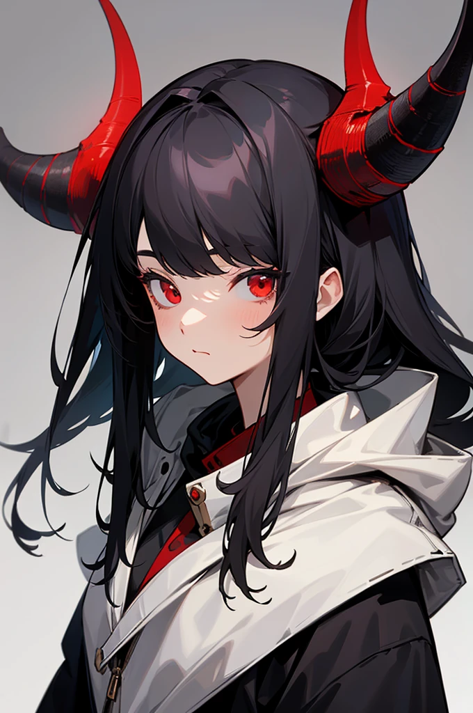 masterpiece, best quality1girl, solo, red eyes, closed mouth, black hair, simple background, jacket, looking at viewer, upper body, long hair, horns, hood, bangs, grey background ,