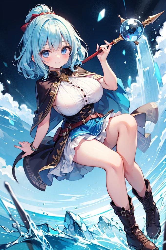 Fantasy,((Masterpiece)),((high resolution)),((Best Quality)),Anime illustration,((1girl)),(wavy hair),(short hair),(pale blue hair color),small ponytail,headband,Indigo eyes,(Big round eyes),((tareme)),12 years old,((baby face)),(((very big breasts))),Short stature,Young,(loli),,ice wizard,sleeveless white blouse,Blue mini skirt,slit,Brown corset,brown capelet,smile,,Brown long boots,wizard's wand with blue gem,
