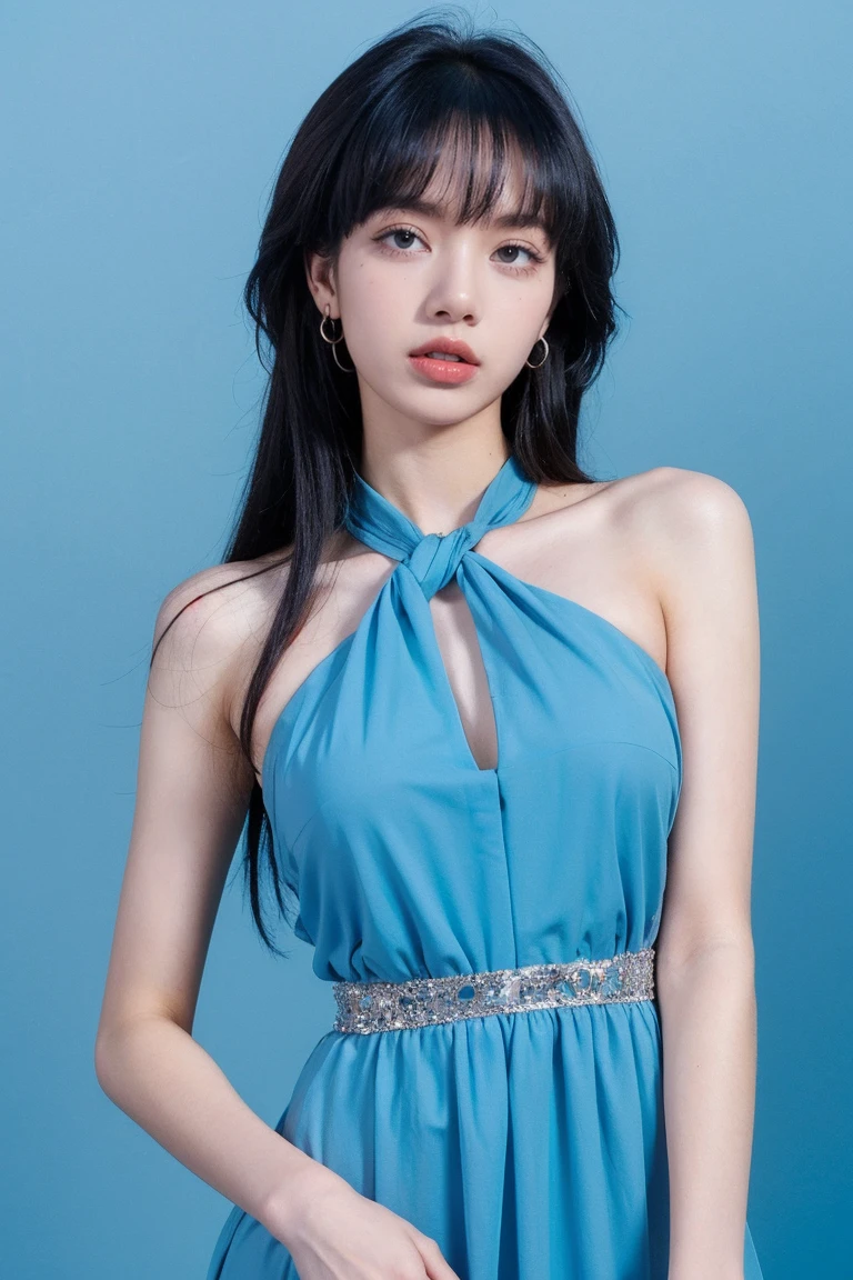 21yo girl,beautiful dress, blue background