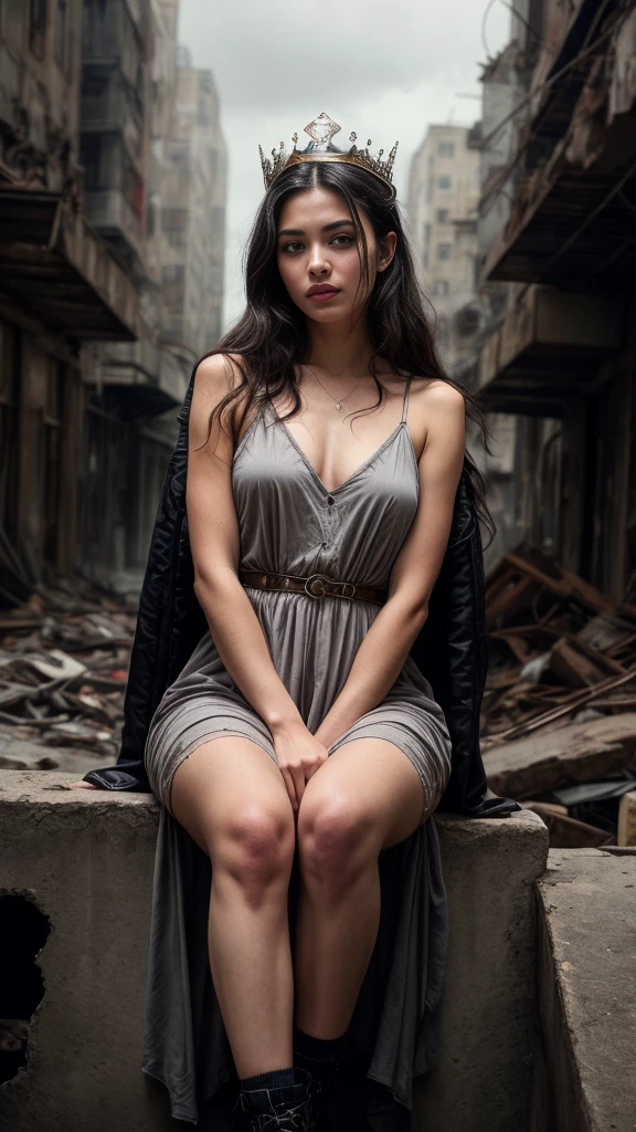 A beautiful European women, queen, sitting on a throne, wearing torn dress, long dress, bone crown, grey sky, Post-Apocalyptic city. She is 24 years old, has black hair, long hair, curly hair and black eyes. Her cloth is stylish and her overall appearance is stunning. The girl's face is extremely detailed with beautifully detailed lips. Her skin is anatomically correct with realistic textures. The image should have super high details and be of the best quality, with a resolution of 8K. The final result should be a masterpiece, showcasing the girl's beauty and the vibrant atmosphere of The destroyed Post-Apocalyptic city