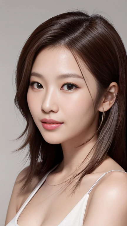 (Highest quality, Flying debris, Realistic photos, Very detailed, Ultra-high resolution, to be born:1.3), (1 female, Beautiful Japanese actresses, Age 25),  (A shy smile), Detailed face，Flashy makeup using red eyeshadow，Large ring earrings，Light blonde delicate medium cut hair，The tips of the hair are wavy，Elegant hairstyle，Beautiful Eyes, Slender actress，Small breasts,  White shirt，(mini skirt)，White panties，