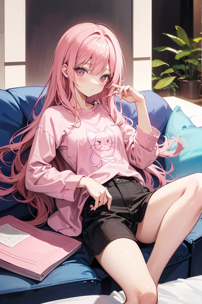 long pink shirt with a kitten drawn on it, no pants with panties showing, long pink hair,short girl, little tits, lying on the sofa with a sexy pose, holding the Smartphone