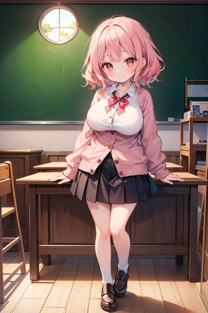 Fantasy,((Masterpiece)),((high resolution)),((Best Quality)),Anime illustration,(((1girl))),,(wavy hair),(short hair),(pale pink hair color),small ponytail,Red eyes,(Big round eyes),((tareme)),,((loli face)),ry big breasts)),Short stature,Young,,,cardigan,mini skirt,smile,Ladylike,classroom,
