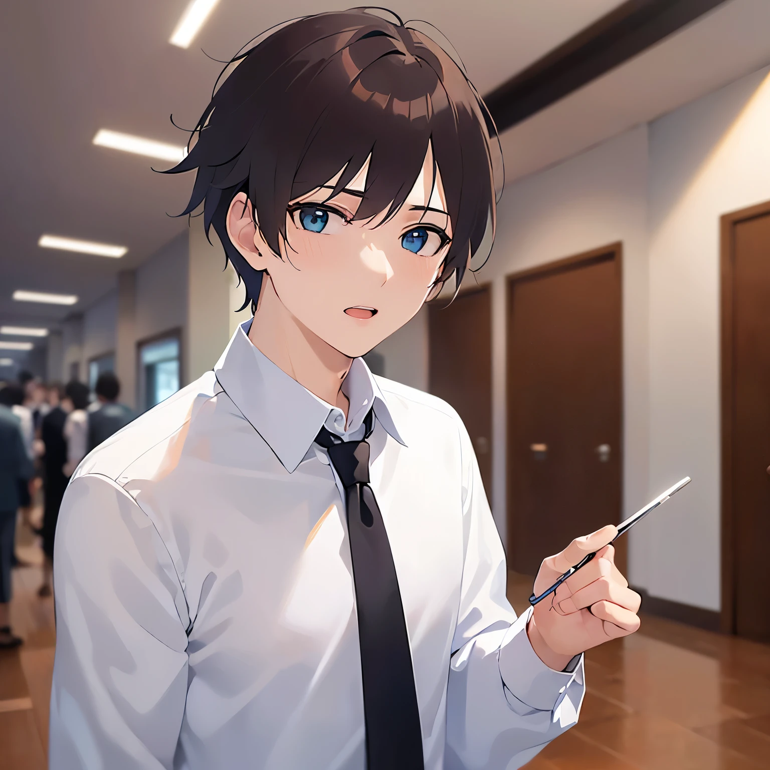 BREAK (25-year-old male:1.5) and (Mahogany brown short hair) and (Green Eyes) BREAK (white collared shirt) and (Blue tie)、(looking at viewer:1.5),close-up、 masterpiece、Highest quality、 
Are standing、Startled, The background is the office lobby.、(alone:1.5)、open mouth