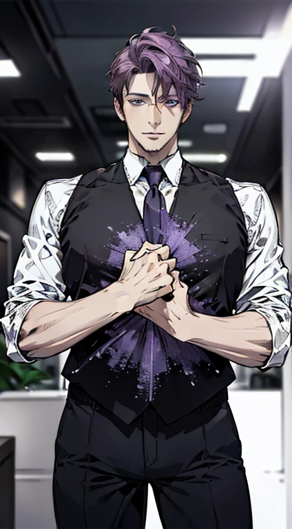 (best quality,4k,8k,highres,masterpiece:1.2),ultra-detailed,(realistic,photorealistic,photo-realistic:1.37),1 man,31 years old,mature man,very handsome,without expression,smile,short purple hair,blue eyes,penetrating gaze,perfect face without errors,imposing posture,businessman,office background,cinematic lighting,hdr image
