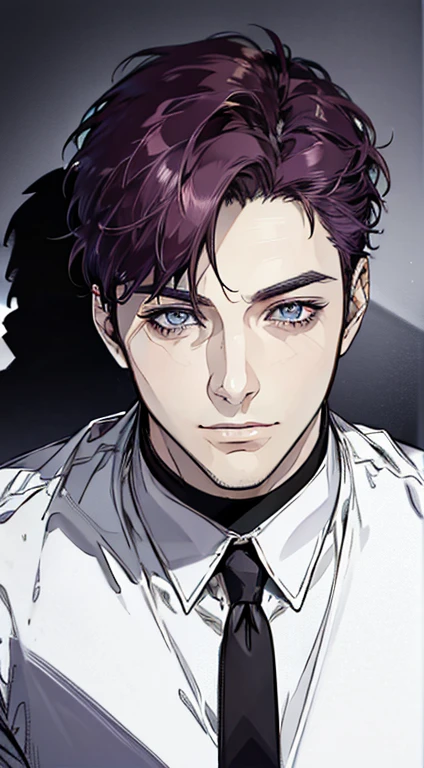 (best quality,4k,8k,highres,masterpiece:1.2),ultra-detailed,(realistic,photorealistic,photo-realistic:1.37),1 man,31 years old,mature man,very handsome,without expression,smile,short purple hair,blue eyes,penetrating gaze,perfect face without errors,imposing posture,businessman,office background,cinematic lighting,hdr image