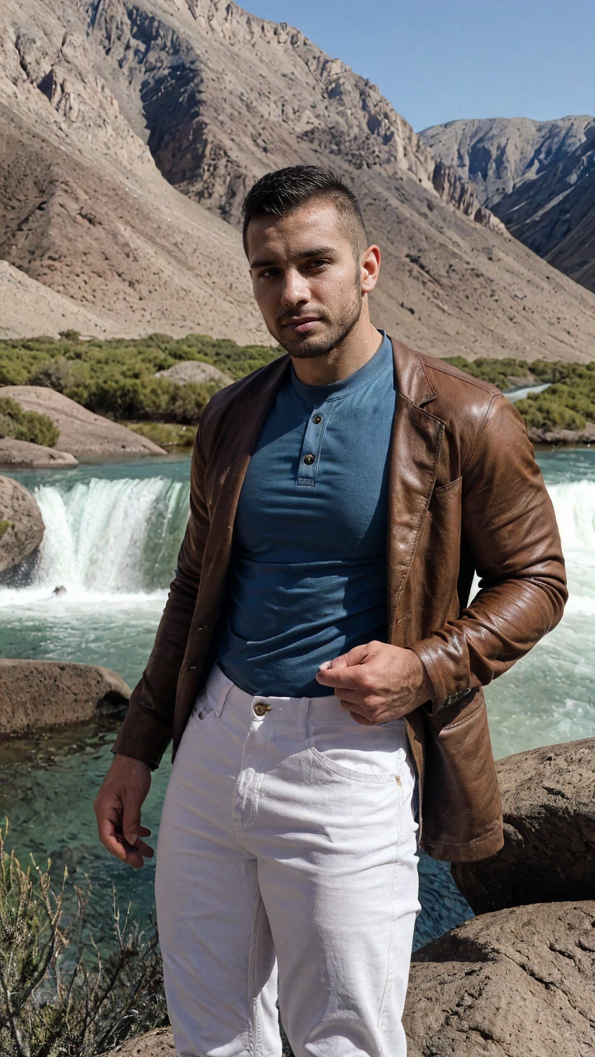 Real image of a handsome athletic Turkish man in his 30s wearing brown Louis Vuitton jacket and white jean pants posing sexy on a rock in the middle of a mountain stream, arid zone. Landscape of Mendoza Argentina.