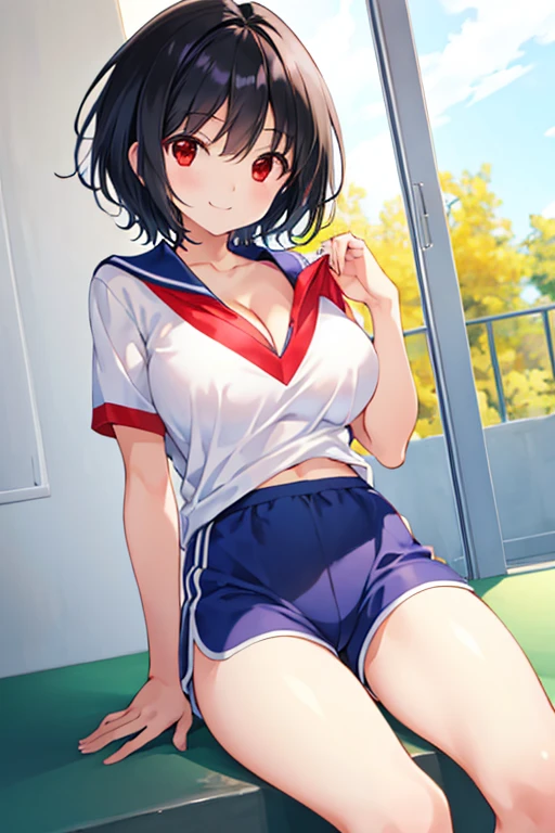 (masterpiece:1.2),best quality,perfect anatomy,extremely detailed,
BREAK
cute girl,shiny skin,light smile,独奏,short hair,
lovely big eyes,cute eyes,(red eyes:1.4),(black hair:1.4),
BREAK
sport shirt,sport shorts,
BREAK
school,running track,
BREAK
looking at viewer,character focus,evil smile,
BREAK Big cleavage、Big 、Nippleilk wipers