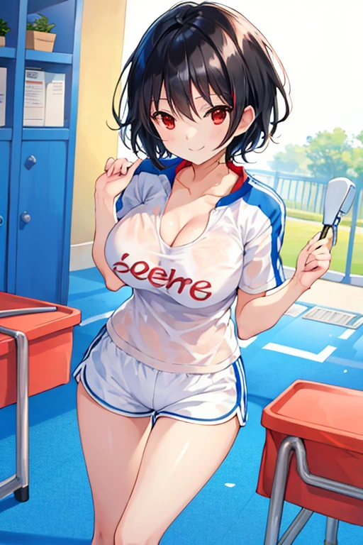 (masterpiece:1.2),best quality,perfect anatomy,extremely detailed,
BREAK
cute girl,shiny skin,light smile,独奏,short hair,
lovely big eyes,cute eyes,(red eyes:1.4),(black hair:1.4),
BREAK
sport shirt,sport shorts,
BREAK
school,running track,
BREAK
looking at viewer,character focus,evil smile,
BREAK Big cleavage、Big 、Nippleilk wipers