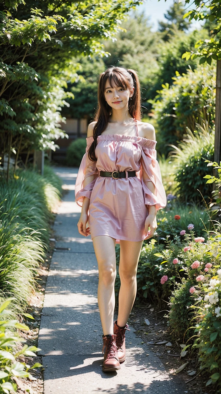 (8K、RAW Photos、Highest quality、masterpiece:1.2)、(Realistic、Realistic)、1 Girl、((Long  the shoulder、Pink hair twin tails、ribbon、See-through、smile、Black and Pink、Thin legs、whole body、boots、tights、garden、View from the front、Looking into the camera、belt、Stand with hands on hips))、cute