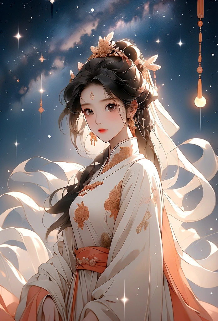masterpiece, Highest quality: 1.4), Detailed Background,A beautiful ancient Chinese fairy looks at the camera,streamer,Gauze cloth,Floating in the air,Elevation angle of view,The Milky Way is amazing,The full moon is empty,