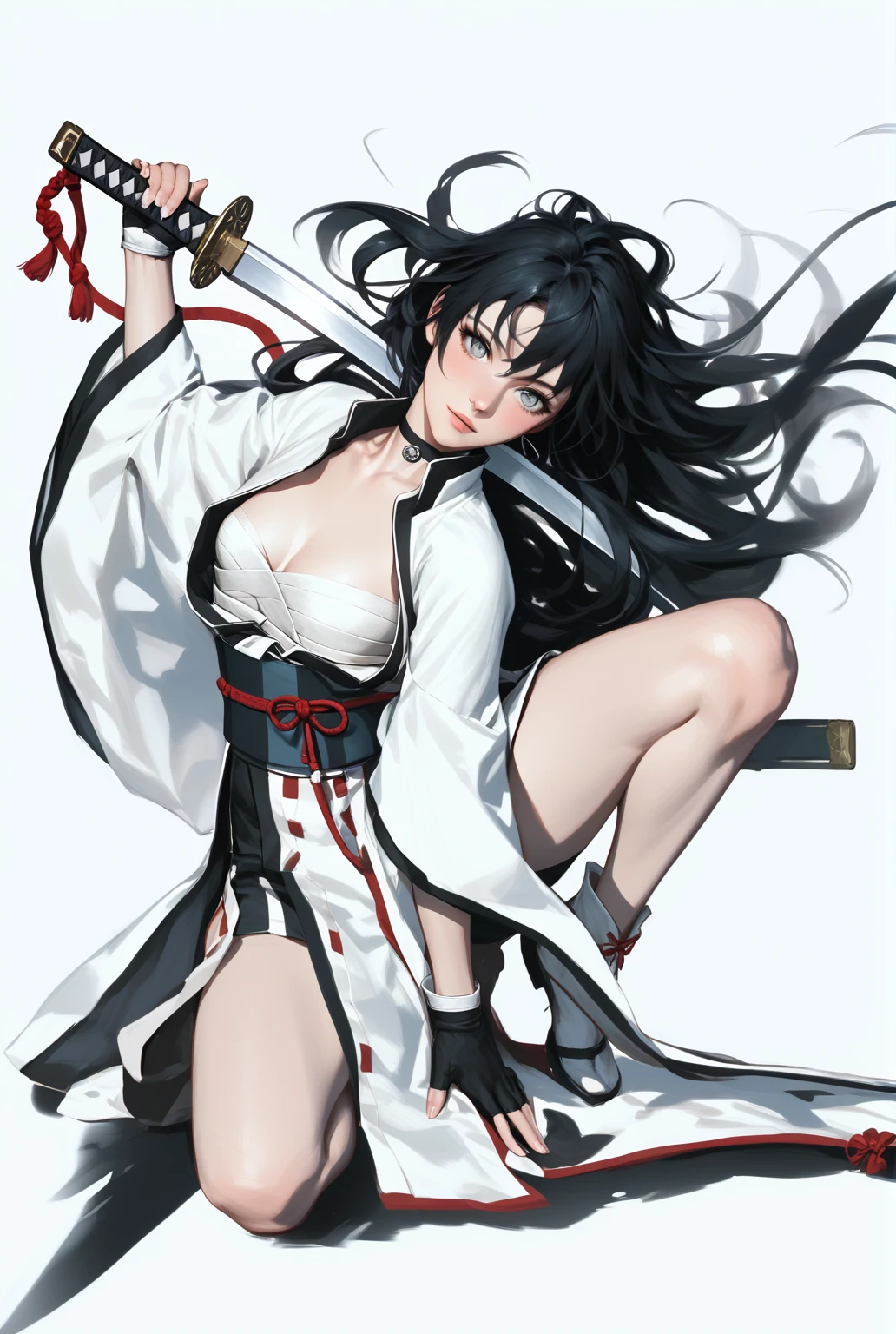 score_9, score_8_up, score_7_up, score_6_up, score_5_up, score_4_up, 1girl, yukinoshita yukino, black hair, long hair, grey eyes, BREAK (masterpiece:1.2), best quality, high resolution, (illustration:0.8), (detailed eyes:1.3), perfect lighting, (perfect hands, perfect anatomy), small breasts, 1girl, solo, rating:safe, cleavage, sword, choker, gloves, fingerless_gloves, sketch, one_knee, kneeling, japanese_clothes, kimono, katana,