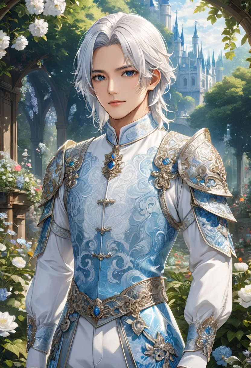 Frontal standing full body portrait((correct anatomy) )A male version of a handsome handsome boy with a Korean face wearing a medieval costume with long white hair looking at the audience., Anime eyes, Handsome handsome man standing in detailed outdoor garden reserve scenery, Grimm's fairy tale male version character with medium long white hair, white collar day romance ((perfect face))
Intricate details detailed characters high resolution, Super detailed masterpiece, Intricate details royal, elegant, Noble and elegant light blue and white holographic clothing with white collar, light blue decoration,official art, Impressive.Full body portraits, ultra-detailed animation art, perfect compositions, intricate details, meticulous digital art