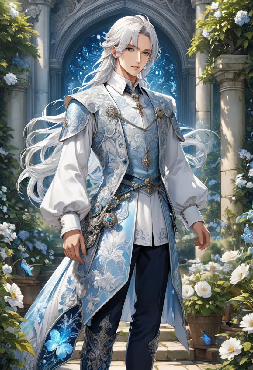 Frontal standing full body portrait((correct anatomy) )A male version of a handsome handsome boy with a Korean face wearing a medieval costume with long white hair looking at the audience., Anime eyes, Handsome handsome man standing in detailed outdoor garden reserve scenery, Grimm's fairy tale male version character with medium long white hair, white collar day romance ((perfect face))
Intricate details detailed characters high resolution, Super detailed masterpiece, Intricate details royal, elegant, Noble and elegant light blue and white holographic clothing with white collar, light blue decoration,official art, Impressive.Full body portraits, ultra-detailed animation art, perfect compositions, intricate details, meticulous digital art