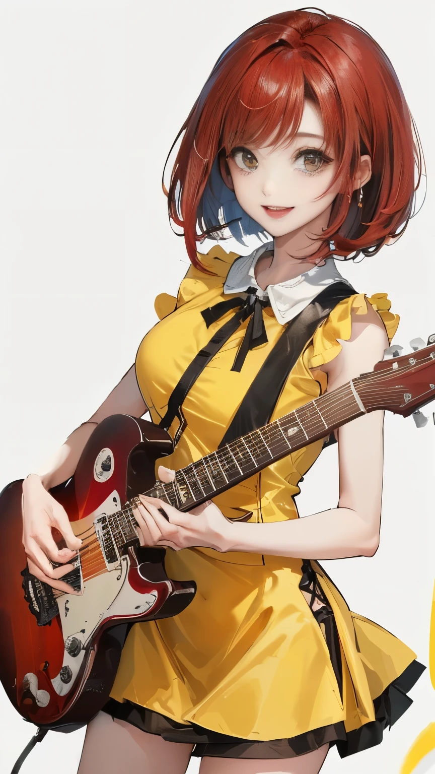 (((White wall background)))、(((Best image quality、8K、Beautiful woman、White wall background)))、guitarist、play the guitar、(((Woman with bob hair)))、(((Red Hair)))、(((smile)))、(((Yellow Dress、Mini skirt dress)))、(((Pure white background)))
