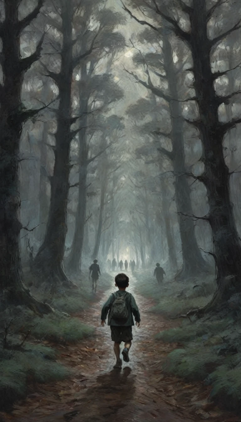 The boy starts to run, the forest around him becoming darker and more menacing, with ghostly faces appearing in the trees.
