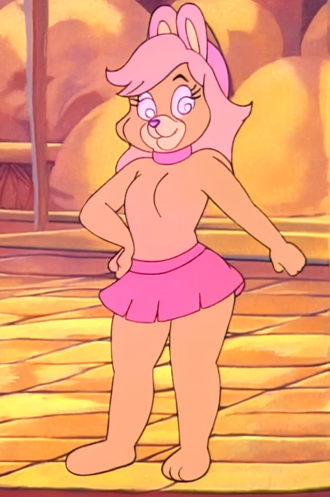 
Furry Yellow bunny with white eyes with hot pink pupil and pink collar with a heart, with mat instead of chest without clothes just a skirt cartoonish Hanna-Barbera type, Women, Mexican pink volume skirt, BALD, with her hands holding the skirt, solo