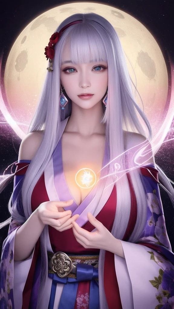 (masterpiece, top quality, 1 female, solo, exquisite details, chromatic aberration), (realistic), (skin), ((breathing)), (silver hair, blunt bangs, cropped straight long hair, short bangs, silver hair), beautiful hair, red headdress, highlights, hair on one eye, beautiful eyes, purple eyes, thick lips, earrings, piercing eyes, ((gold and white kimono)), ((symmetrical eyes)), ((perfectly symmetrical body)), ((perfectly symmetrical hands)), (purerosface_v1:0.3), full moon night, ((self, natural light))), bright lighting, flowers blooming in background, in front of viewer, ((central shot, from the front, (face and shoulders))), mysterious atmosphere, colorful flowers blooming around, bright colored background, shrine maiden in kimono, beautiful shrine maiden, Shrine maiden, fantasy female shrine maiden, female fortune telling shrine maiden, fantasy photography, Japanese style, elegant cinematic fantasy art, fantasy woman, sorceress portrait, powerful wizard surrounded by mystical colorful flowers, holding a glowing heart crystal ball, eyes glowing with mystical energy, spells leaking from her mouth, vibrant sorcery vortexes pulsating with rainbow hues appear in the air, magic permeates, flowers bloom, sacred creatures gaze in awe, threads of magical energy dance, reveal hidden realms, unravel secrets, capture the essence of this enchanting moment and bring to life the mystical power of sorcery on a canvas of the highest quality and finest detail. Top quality, masterpiece, ultra high resolution, (photorealistic: 1.4), RAW photo, sharp focus, high resolution, detailed skin.
Flowers blooming all around, bright colored background, fortune teller in kimono, beautiful fortune teller, fortune teller, fantasy female fortune teller, female fortune teller, fantasy photography, Japanese style, fortune teller in kimono, elegant cinematic fantasy art, fantasy woman, magician portrait, fortune teller, powerful wizard surrounded by mystical colorful flowers, holding a glowing heart c
