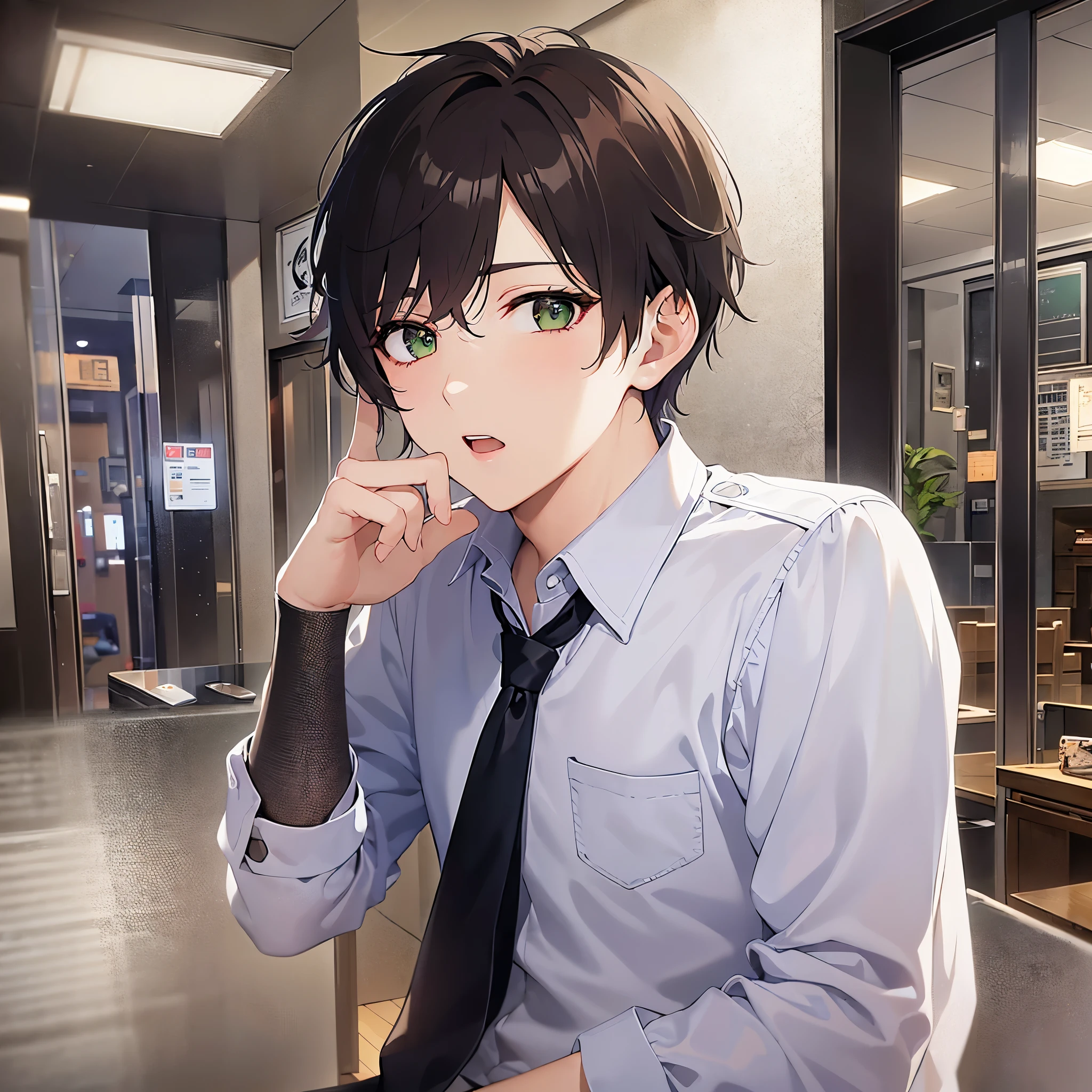 BREAK (25-year-old male:1.5) and (Mahogany brown short hair) and (Green Eyes) BREAK (white collared shirt) and (Blue tie)、(looking at viewer:1.5),Photographed by Yoko K et al.、 masterpiece、Highest quality、stunned,The background is the office lobby.、(alone:1.5)、open mouth
