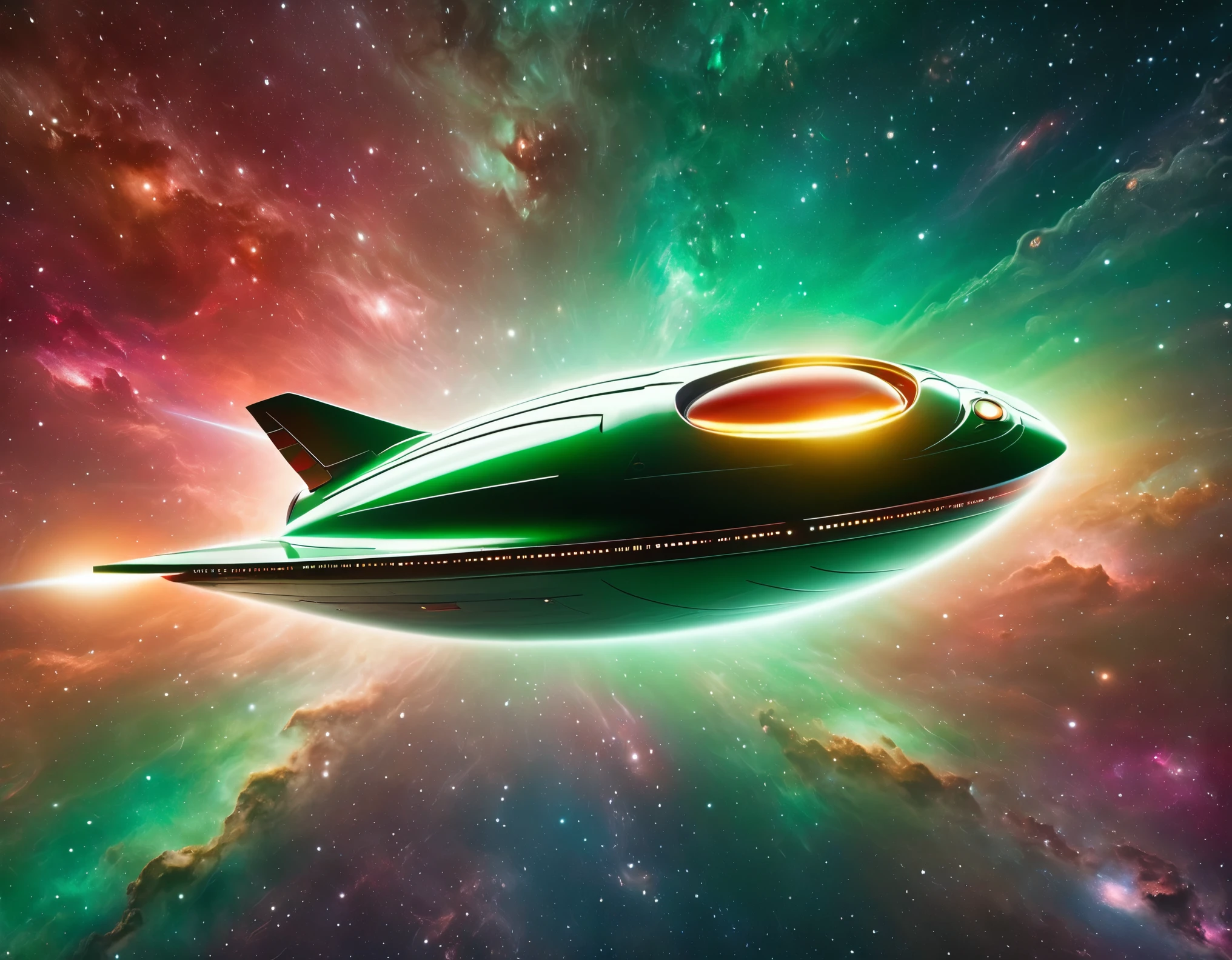 "A futuristic starship gliding through a starry cosmic background, transitioning from green to red hues. The starship features a circular saucer section, an elongated body, and engine-like nacelles, with a detailed metallic exterior and vibrant lights."