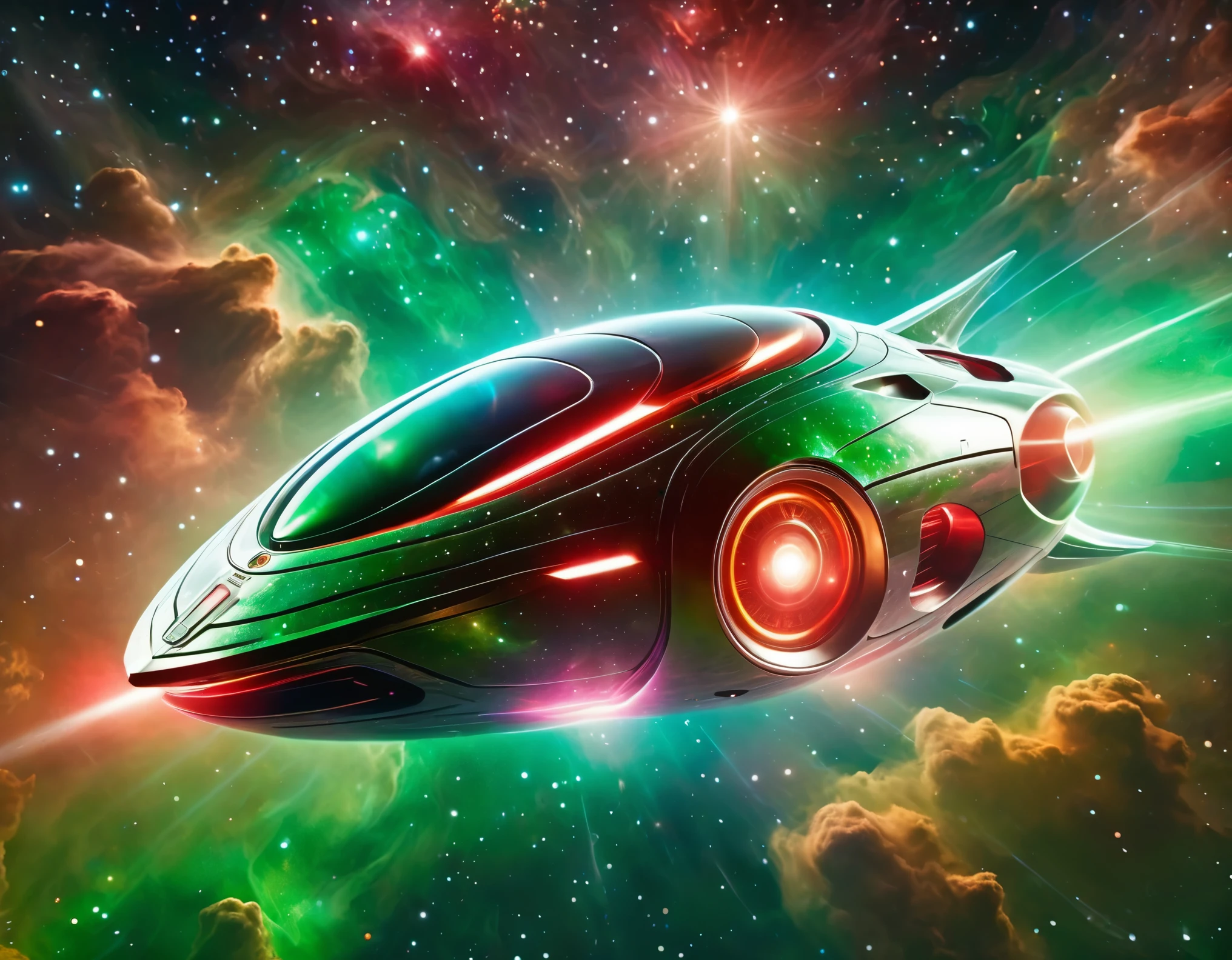 "A futuristic starship gliding through a starry cosmic background, transitioning from green to red hues. The starship features a circular saucer section, an elongated body, and engine-like nacelles, with a detailed metallic exterior and vibrant lights."
