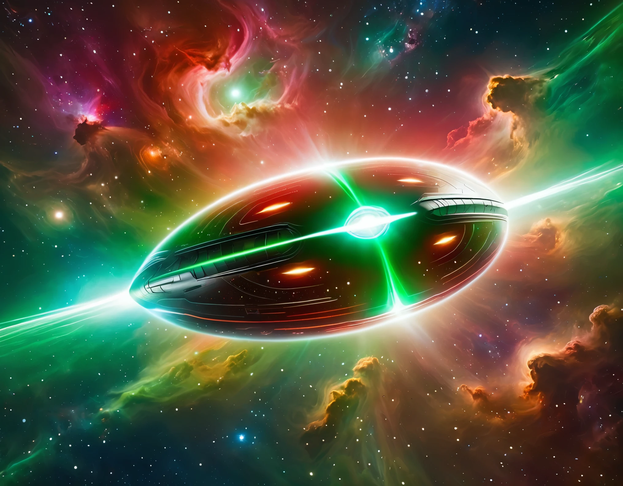 "A futuristic starship gliding through a starry cosmic background, transitioning from green to red hues. The starship features a circular saucer section, an elongated body, and engine-like nacelles, with a detailed metallic exterior and vibrant lights."