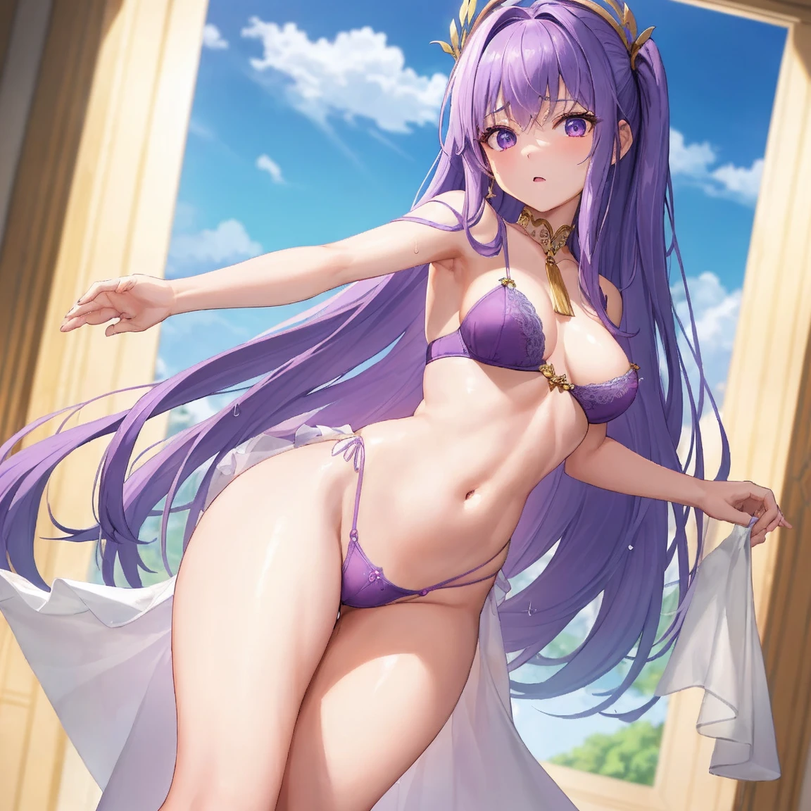 masterpiece, Highest quality, Super Resolution, 8K, 15-year-old female, Purple long hair, Handsome face, Big Eyes, White simple long dress, Corset at the waist, Sexy slit in skirt, (( Wide open chest, Large Breasts)), ((Nipples, Small purple lingerie)), Love juice drips from lingerie, Spread your arms wide, Sexy pose, Greek statue of Athena behind