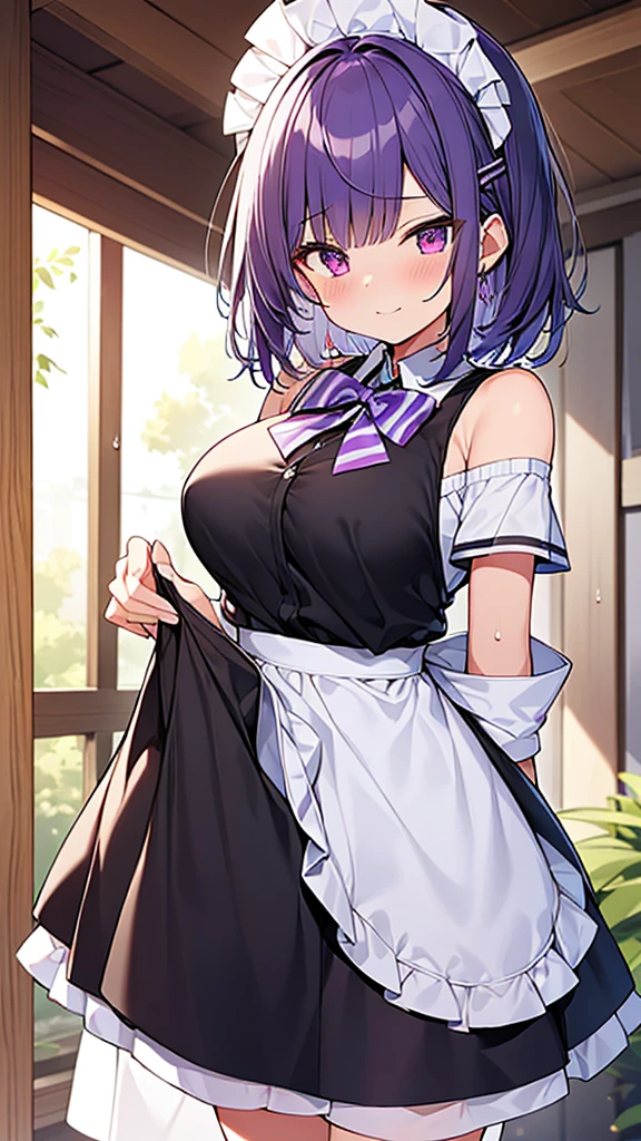 最high quality, high quality, Super detailed, 32k, Ultra-detailed details, 2 girls, With maid(only, 妹から奪った妹のかわいい顔, beautiful purple hair, Beautiful purple eyes, Big Breasts, A light smile, Red eyes, Off-the-shoulder sleeveless Summer clothes, Summer casual maid clothes, Short skirt, Blue and white color striped underwear, Black knee socks, My crotch is wet with love juice, 18-year-old,cute), 顔の皮を剥がされた妹(13 years old, A grotesque face with the skin peeled off, Facial muscles are fully exposed, Chest is medium, , Junior high school uniform), {{Witness the maid peeling off the skin of her sister's face and replacing it with her own}}, NSFW