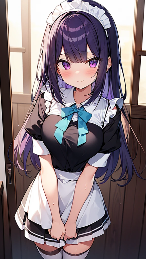 最high quality, high quality, Super detailed, 32k, Ultra-detailed details, 2 girls, With maid(only, 妹から奪った妹のかわいい顔, beautiful purple hair, Beautiful purple eyes, , A light smile, Red eyes, Off-the-shoulder sleeveless Summer clothes, Summer casual maid clothes, Short skirt, Blue and white color striped underwear, Black knee socks, My crotch is wet with love juice, 18-year-old,cute), 顔の皮を剥がされた妹(13 years olue face with the skin peeled off, Facial muscles are fully exposed, Chest is medium, , Junior high school uniform), {{Witness the maid peeling off the skin of her sister's face and replacing it with her own}}, NSFW