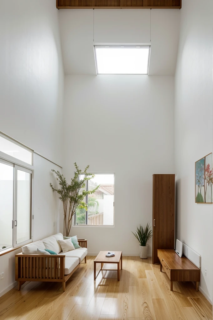 "A minimalist living room with white walls and simple light wood furniture. The lighting is soft and natural, Entering through large windows that leave the room well lit. The floor is wooden parquet, smooth and polished. In the center of the room, completely unexpectedly, there is a small, leafy tree, growing directly from the ground. The tree is full of colorful flowers and exotic birds perch on its branches., contrasting sharply with the neutral surrounding environment. The presence of the tree brings an element of surprise and wonder to the serene, minimalist scene.."